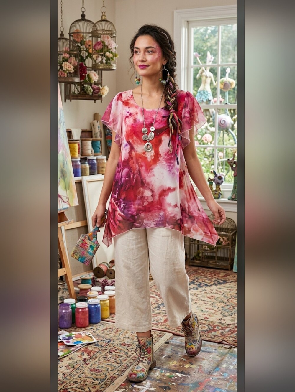 NWT One World Asymmetrical Hem Whimsical Top Blouse S #3200